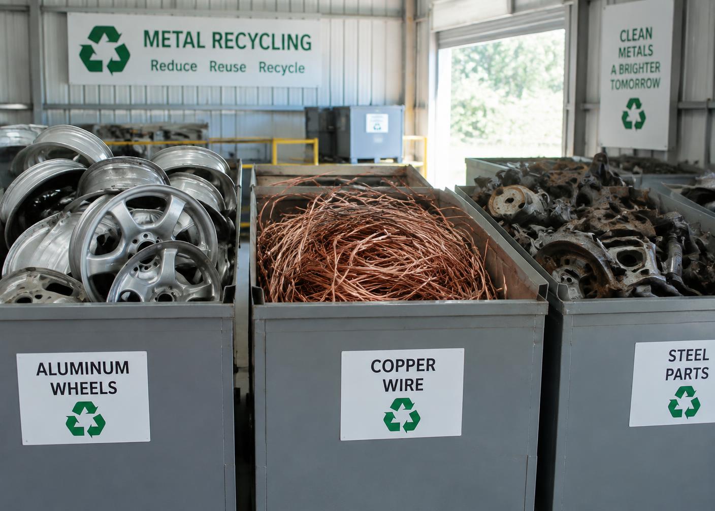 Recovered aluminum, copper and steel sorted for recycling