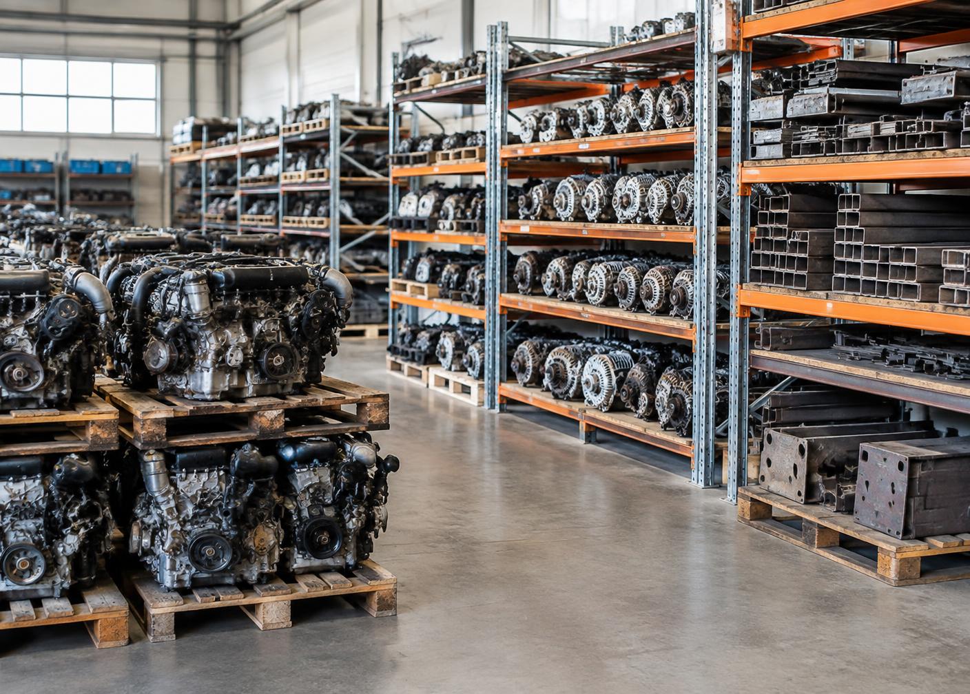 Recovered engines and alternators sorted on shelving for reuse